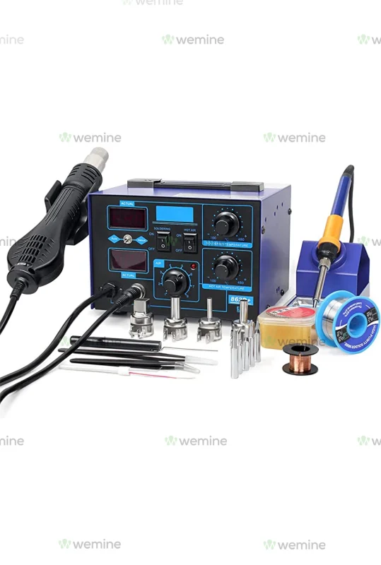 ANLIXIN-862D desoldering station, featuring a digital display control unit, soldering and hot air gun, various soldering tips, a holder, and a spool of solder wire, all showcased against a white backdrop with watermark logos.